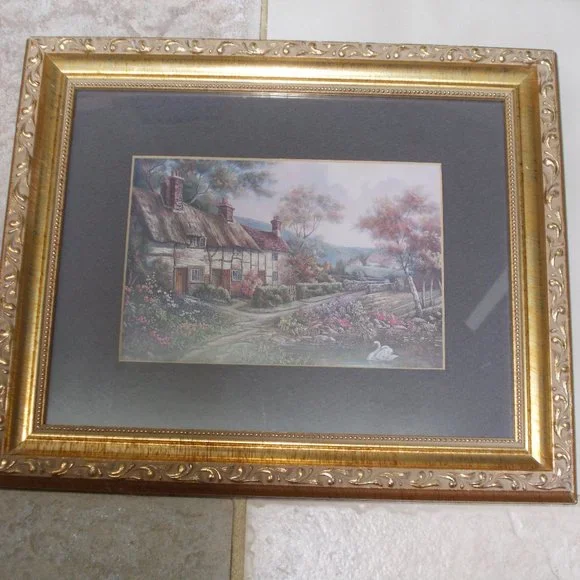 Cottage Scene signed, matted, framed under glass in ornate frame print - Picture 1 of 6